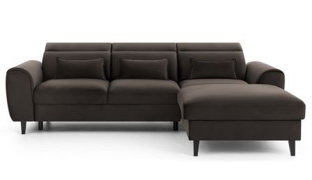 Canapé d’angle convertible ASTORIA en velours avec coffre, têtières réglables et pieds en bois noir – 267 cm
