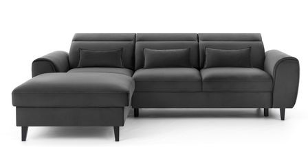 Canapé d’angle convertible ASTORIA en velours avec coffre, têtières réglables et pieds en bois noir – 267 cm