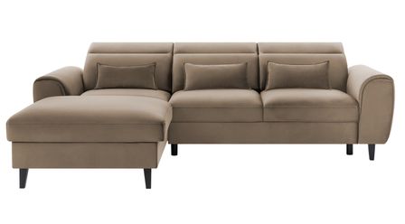 Canapé d’angle convertible ASTORIA en velours avec coffre, têtières réglables et pieds en bois noir – 267 cm