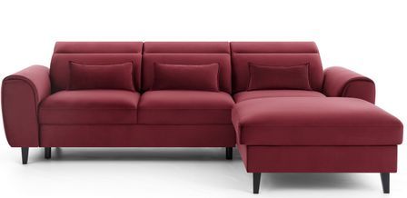 Canapé d’angle convertible ASTORIA en velours avec coffre, têtières réglables et pieds en bois noir – 267 cm