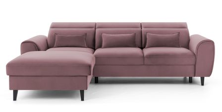 Canapé d’angle convertible ASTORIA en velours avec coffre, têtières réglables et pieds en bois noir – 267 cm
