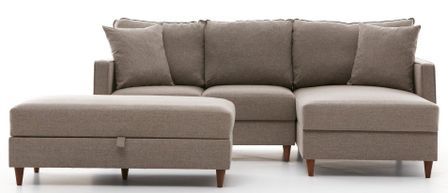 Canapé d'angle convertible avec pouf coffre tissu beige clair Melano 210 cm