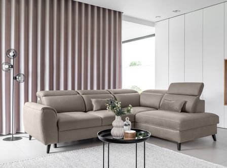 Canapé d'angle convertible avec rangement tissu NOBLESSE - Pieds bois noir