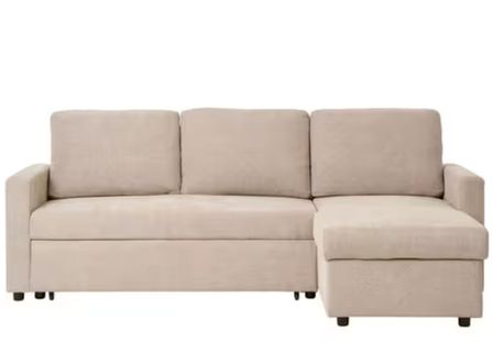 Canapé d’angle convertible BELFAST – Tissu beige avec tiroir-lit et coffre de rangement