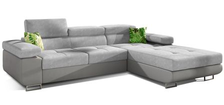 Canapé d'angle convertible appuis-tête réglables KALIZO - Coffre et pieds acier chromé