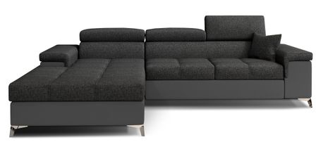 Canapé d'angle convertible Bi matière appuis-tête réglables RIKARO - Coffre et pieds acier chromé