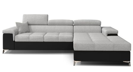 Canapé d'angle convertible Bi matière appuis-tête réglables RIKARO - Coffre et pieds acier chromé
