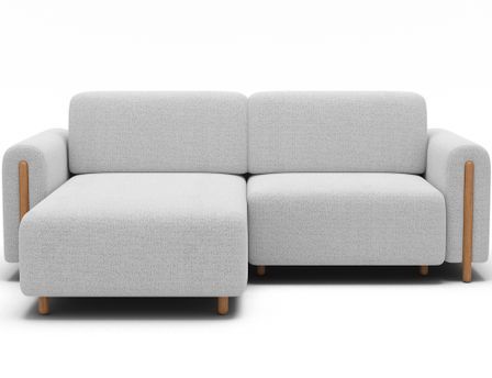 Canapé d'angle convertible BOBBY en tissu bouclette avec coffre de rangement et pieds en bois massif naturel - 244 cm