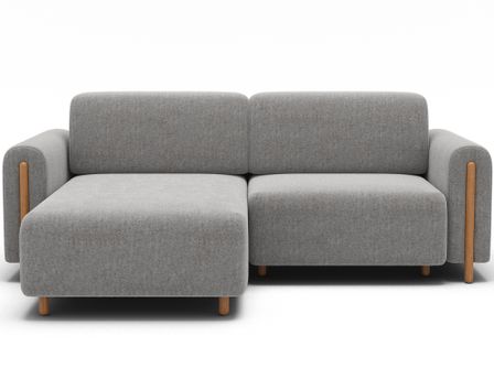Canapé d'angle convertible BOBBY en tissu bouclette avec coffre de rangement et pieds en bois massif naturel - 244 cm