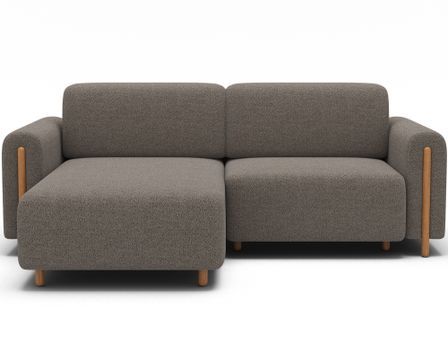 Canapé d'angle convertible BOBBY en tissu bouclette avec coffre de rangement et pieds en bois massif naturel - 244 cm