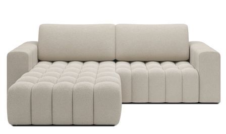 Canapé d’angle convertible BOZEN en tissu bouclette capitonné avec coffre – 250 cm