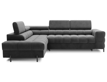 Canapé d'angle convertible en tissu appuis-tête réglables LUCCINO - Coffre et pieds métal noir