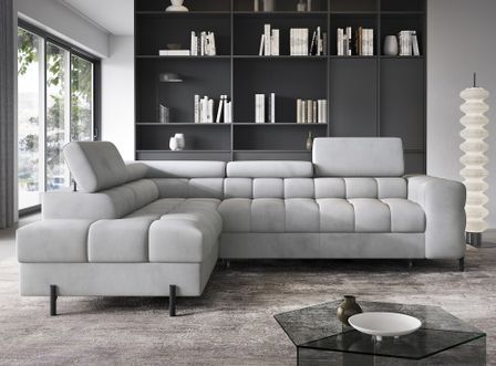 Canapé d'angle convertible en tissu appuis-tête réglables LUCCINO - Coffre et pieds métal noir