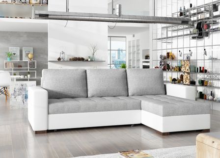 Canapé d'angle convertible et réversible tissu gris clair et simili cuir blanc Zelly 237 cm