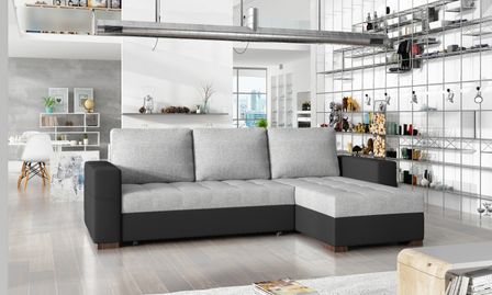 Canapé d'angle convertible et réversible tissu gris clair et simili cuir noir Zelly 237 cm