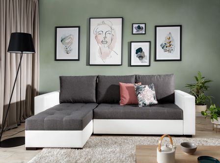 Canapé d'angle convertible et réversible tissu gris foncé et simili cuir blanc Zelly 237 cm