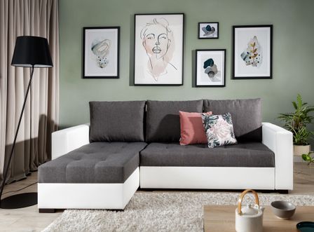 Canapé d'angle convertible et réversible tissu gris foncé et simili cuir blanc Zelly 237 cm