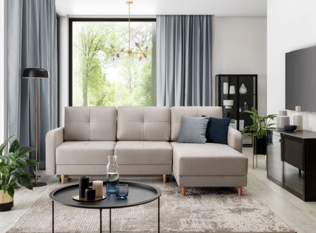 Canapé d'angle convertible et réversible tissu KINDO - Pieds bois clair