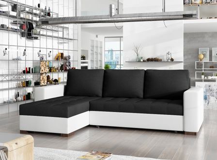 Canapé d'angle convertible et réversible tissu noir et simili cuir blanc Zelly 237 cm