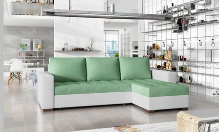 Canapé d'angle convertible et réversible tissu vert clair et simili cuir blanc Zelly 237 cm