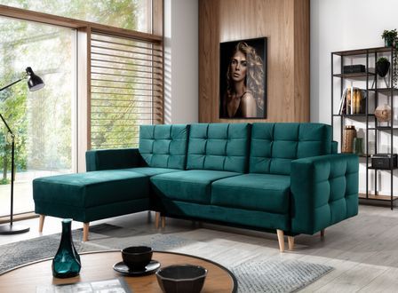 Canapé d'angle convertible et réversible velours ANSKA - Pieds bois naturel