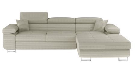 Canapé d’angle convertible KALIZO en tissu côtelé avec coffre, têtières réglables et pieds en acier chromé – 289 cm