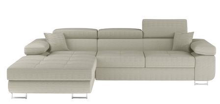 Canapé d’angle convertible KALIZO en tissu côtelé avec coffre, têtières réglables et pieds en acier chromé – 289 cm