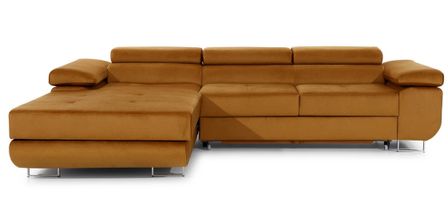 Canapé d’angle convertible KALIZO en velours avec coffre et têtières réglables – 289 cm