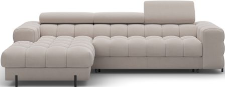 Canapé d’angle convertible KATE en velours avec coffre, têtières réglables et pieds en métal noir – 285 cm
