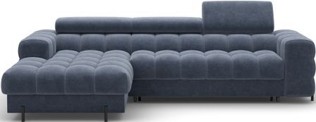 Canapé d’angle convertible KATE en velours avec coffre, têtières réglables et pieds en métal noir – 285 cm
