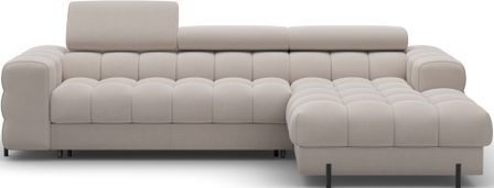 Canapé d’angle convertible KATE en velours avec coffre, têtières réglables et pieds en métal noir – 285 cm