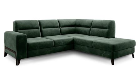 Canapé d’angle convertible KAZAL en tissu avec têtières réglables et pieds en acier noir – 277 cm