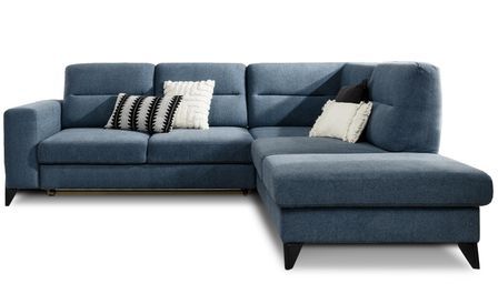 Canapé d’angle convertible KAZAL en tissu avec têtières réglables et pieds en acier noir – 277 cm