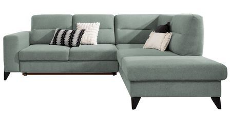 Canapé d’angle convertible KAZAL en tissu avec têtières réglables et pieds en acier noir – 277 cm