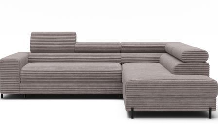 Canapé d’angle convertible KOLEZO en tissu côtelé avec coffre et têtières réglables – 274 cm