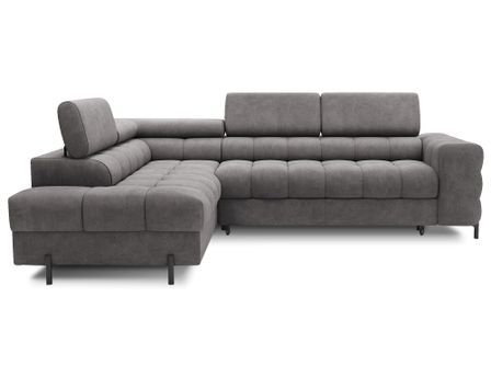 Canapé d’angle convertible LUCCINO en tissu avec coffre, têtières réglables et pieds en métal noir – 276 cm