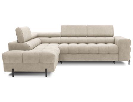 Canapé d’angle convertible LUCCINO en tissu avec coffre, têtières réglables et pieds en métal noir – 276 cm