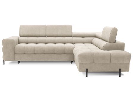 Canapé d’angle convertible LUCCINO en tissu avec coffre, têtières réglables et pieds en métal noir – 276 cm