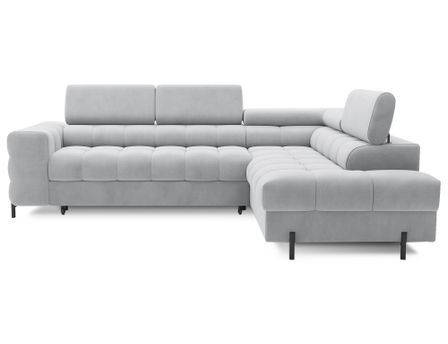 Canapé d’angle convertible LUCCINO en tissu avec coffre, têtières réglables et pieds en métal noir – 276 cm