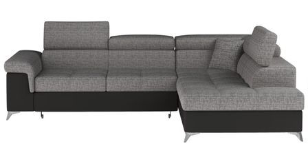 Canapé d’angle convertible MARIDO en tissu et simili cuir avec coffre et têtières réglables – 275 cm