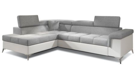Canapé d’angle convertible MARIDO en tissu et simili cuir avec coffre et têtières réglables – 275 cm