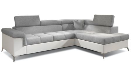 Canapé d’angle convertible MARIDO en tissu et simili cuir avec coffre et têtières réglables – 275 cm