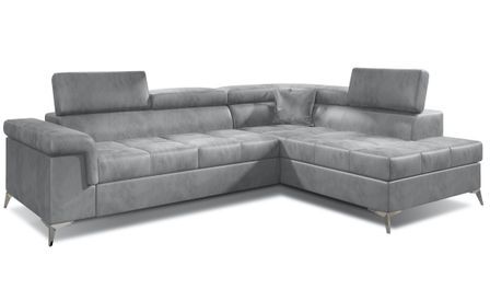 Canapé d’angle convertible MARIDO en velours avec coffre et têtières réglables – 275 cm