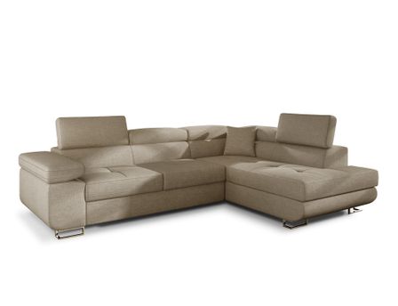 Canapé d’angle convertible MARKA en tissu avec coffre et têtières réglables – 272 cm