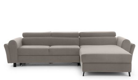 Canapé d’angle convertible MAZALI en velours avec coffre et têtières réglables – 288 cm