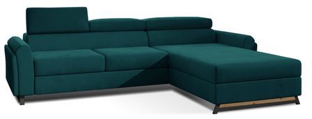 Canapé d’angle convertible MAZALI en velours avec coffre et têtières réglables – 288 cm