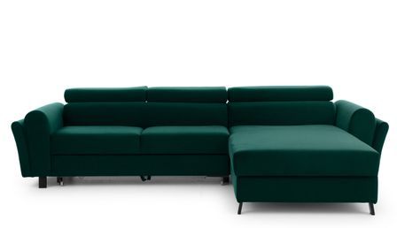 Canapé d’angle convertible MAZALI en velours avec coffre et têtières réglables – 288 cm