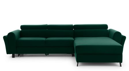 Canapé d’angle convertible MAZALI en velours avec coffre et têtières réglables – 288 cm