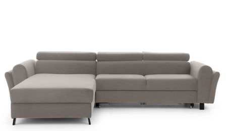 Canapé d’angle convertible MAZALI en velours avec coffre et têtières réglables – 288 cm