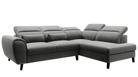Canapé d’angle convertible NOBLESSE en tissu avec coffre et pieds en bois noir – 265 cm